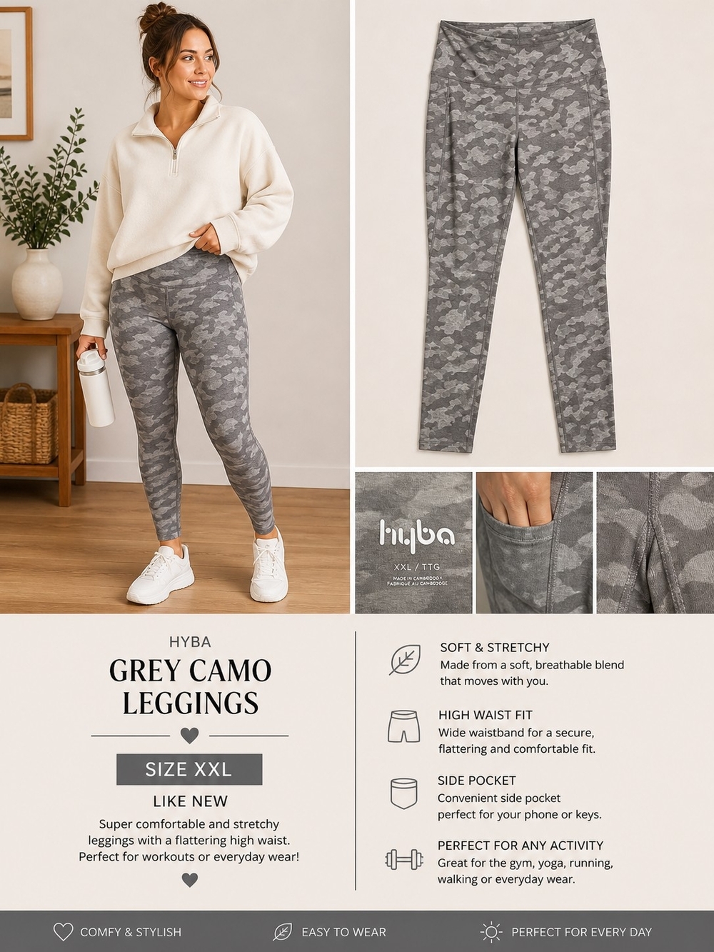 Women's Hyba Grey Camo Workout Leggings/Yoga Pants Size XXL 18/20 Like New